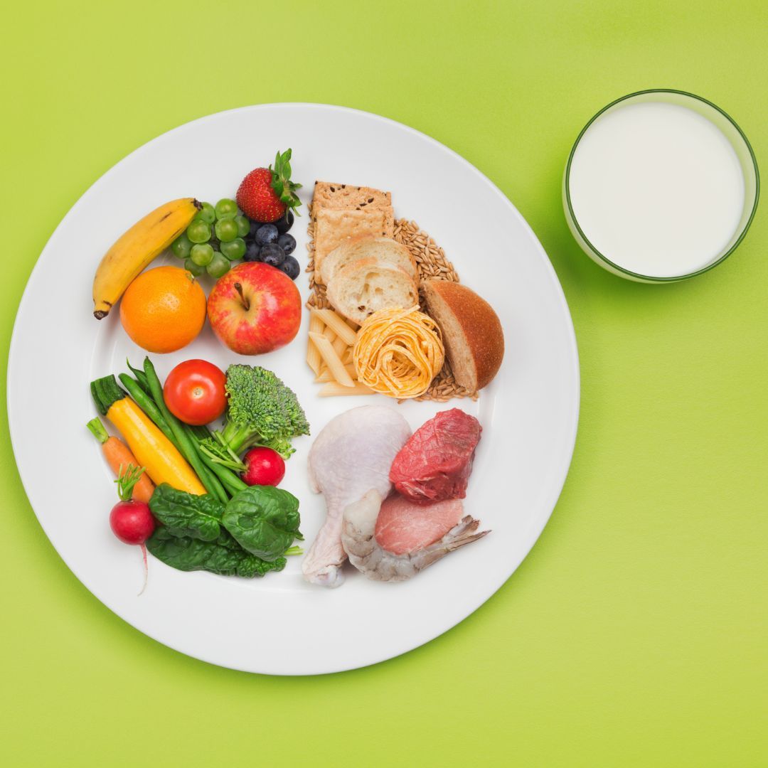 Plate of food representing a balanced diet. 