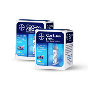 Bundle of two boxes of Contour Next Blood Glucose Test Strips, 50 count each (100 strips total). They feature "NO CODING" and are for use with all Contour Next meters.