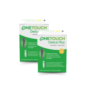 Two boxes of OneTouch Delica Plus 30 Gauge (30G) Lancets, 100 count each. Designed for comfortable blood testing.