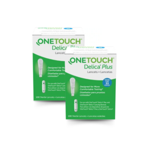 Two boxes of OneTouch Delica Plus Extra Fine 33 Gauge (33G) Lancets, 100 count each. Designed for comfortable blood testing.