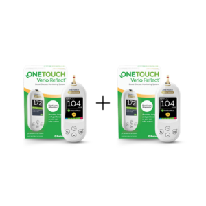 Two boxes of OneTouch Verio Reflect Blood Glucose Monitoring Systems. Each box shows the meter displaying blood sugar readings and the Blood Sugar Mentor feature.