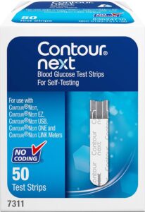Close-up of a box of Contour Next Blood Glucose Test Strips, 50 count (Model 7311). The box prominently displays 'NO CODING' and lists compatibility with Contour Next, EZ, USB, ONE, and LINK meters.