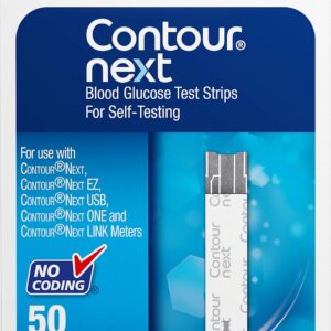 Close-up of a box of Contour Next Blood Glucose Test Strips, 50 count (Model 7311). The box prominently displays 'NO CODING' and lists compatibility with Contour Next, EZ, USB, ONE, and LINK meters.