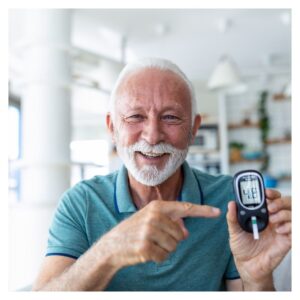 a man happy after checking his blood sugar levels