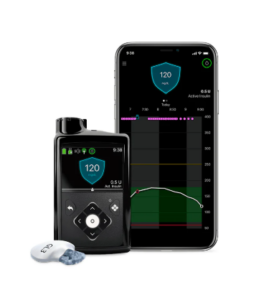 Medtronic MiniMed 780G insulin pump and Guardian Connect app on a smartphone, showing a blood sugar reading of 120 mg/dL.