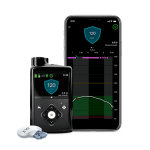 Medtronic MiniMed 780G insulin pump and Guardian Connect app on a smartphone, showing a blood sugar reading of 120 mg/dL.