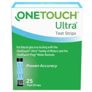Box of OneTouch Ultra Blood Glucose Test Strips, 25 count. For use with OneTouch Ultra Family of Meters.