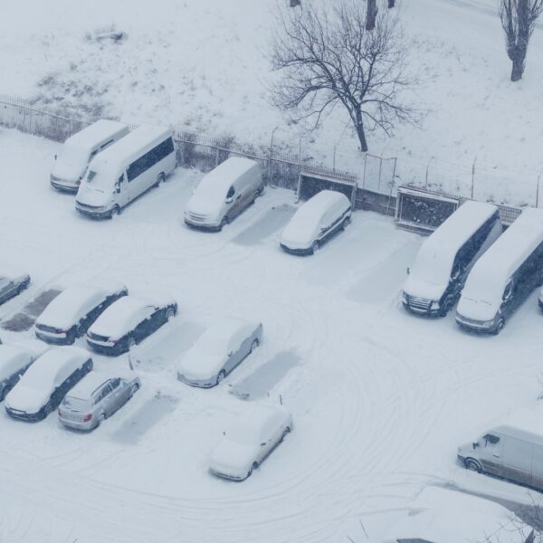 Snow-covered cars in a lot