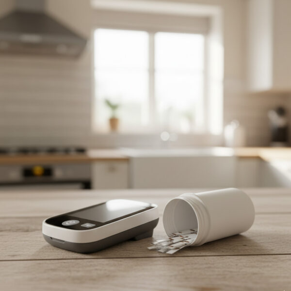 A close-up shot shows a blood glucose meter resting near an open vial of test strips on a wooden surface.