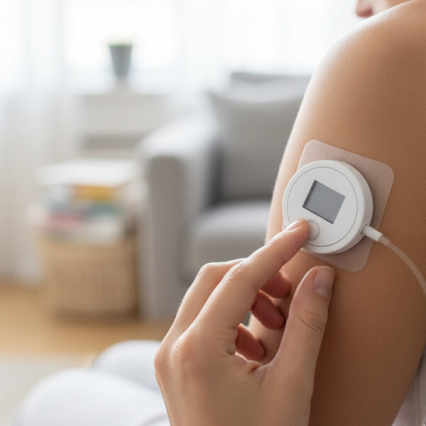A person's hand is shown subtly adjusting a small, modern insulin pump device attached to their arm.