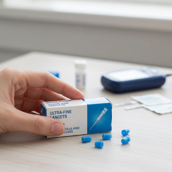 A person's hand is gently holding a small box of lancets, highlighting essential daily diabetes tools.