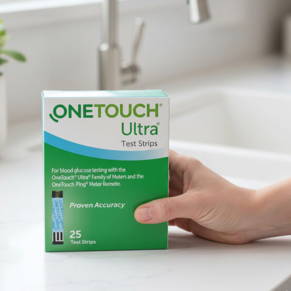 A hand is shown holding the test strip box