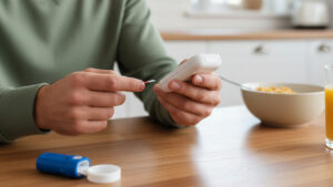 A photorealistic person sits comfortably at a kitchen table, performing a blood glucose test with a meter and strip.
