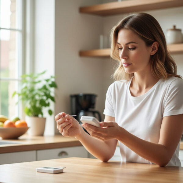 A woman in a brightly lit kitchen is conducting a routine blood sugar test using a small glucose meter.