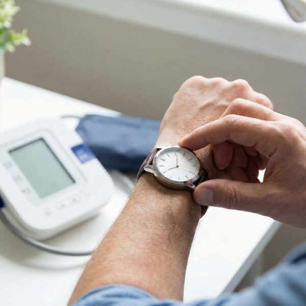 person checks their watch, waiting for their glucose monitor to recalibrate