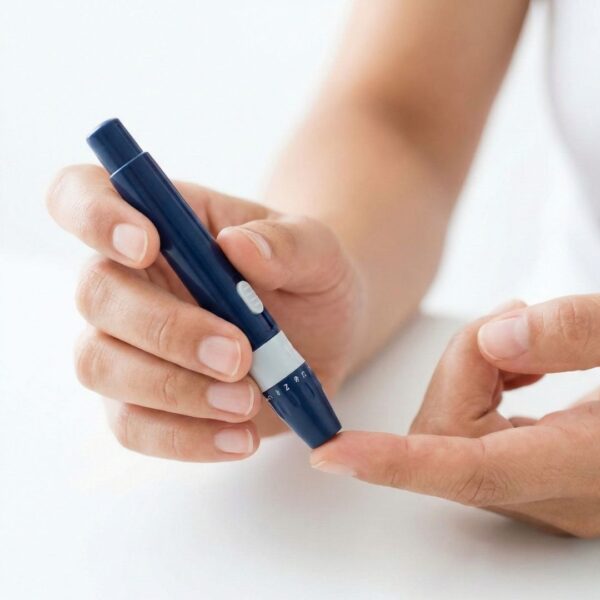 person using a lancet device on their finger for a blood glucose test