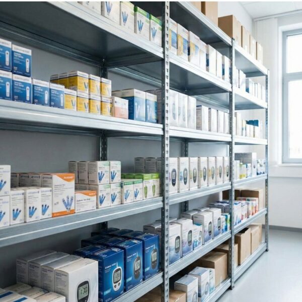 shelf filled with various boxes of diabetic test strips and supplies