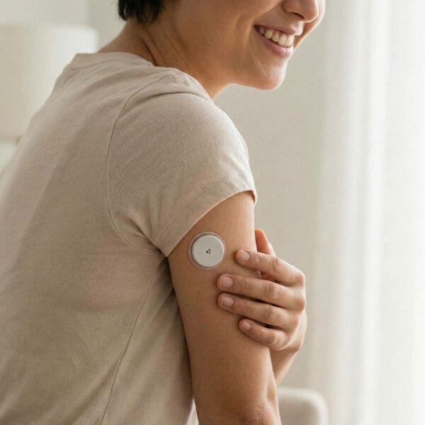 smiling person with a FreeStyle Libre sensor on their arm