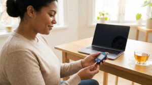 person looking at glucose meter at home