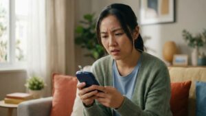 woman with a concerned expression looks at her FreeStyle Libre reader